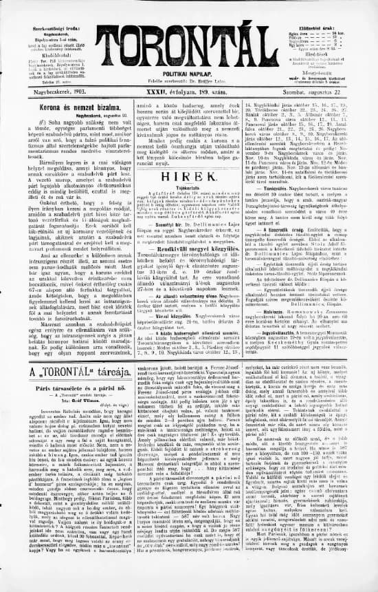 Torontál, 32. évf. 1903. augusztus 22. 189. sz.