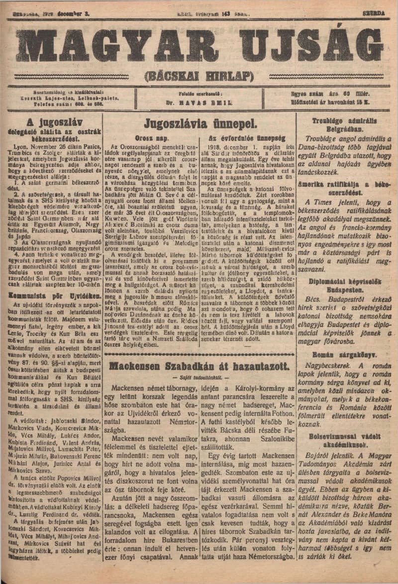 Bácskai Hirlap, 23. évf. 1919. december 3. 143. sz.