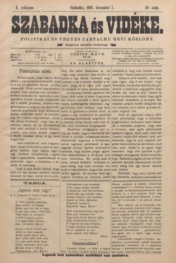 Szabadka és vidéke II, 10. évf. 1902. december 7. 49. sz.