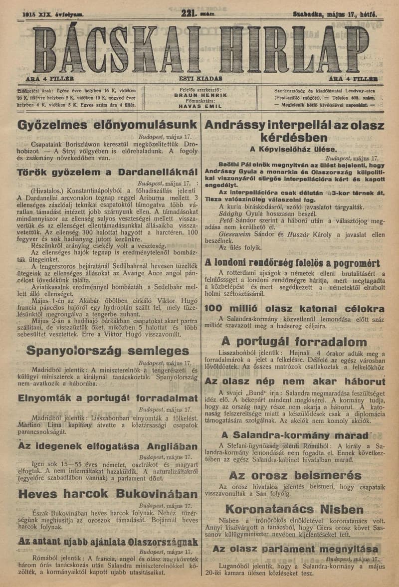 Bácskai Hirlap, 19. évf. 1915. május 17. 221. sz.