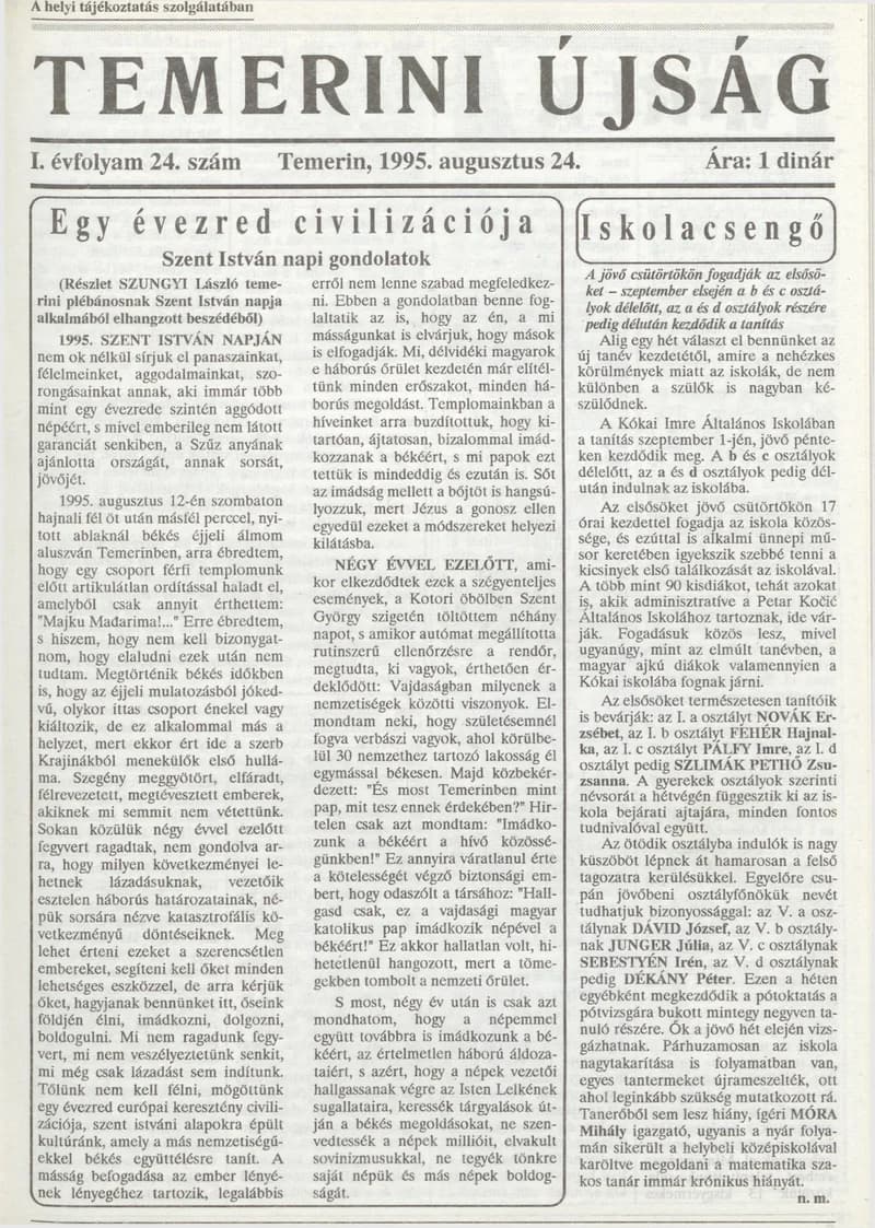 Temerini Újság, 1. évf. 1995. augusztus 24. 24. sz.