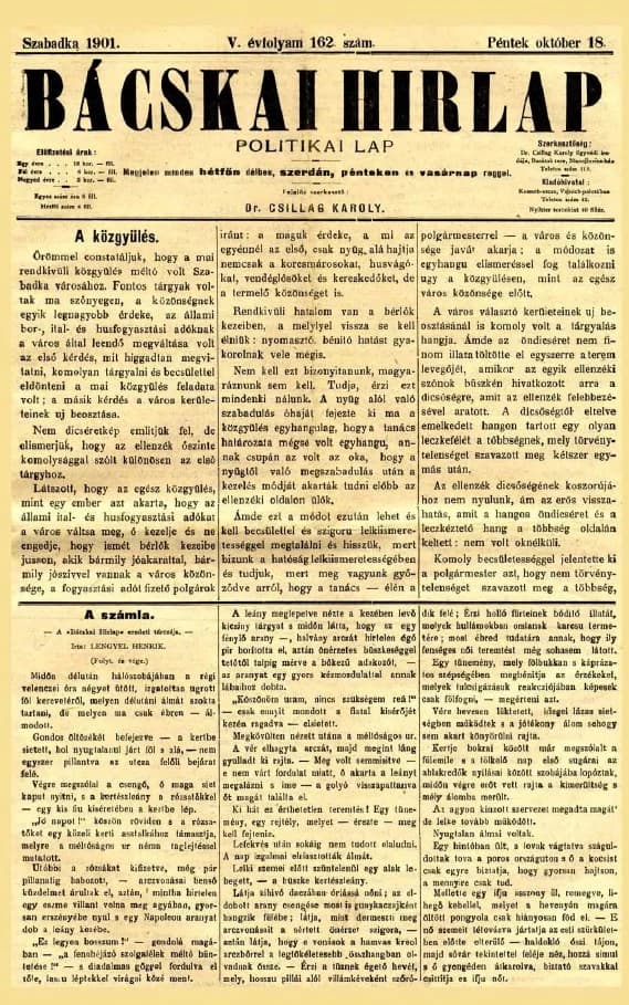 Bácskai Hirlap, 5. évf. 1901. október 18. 162. sz.