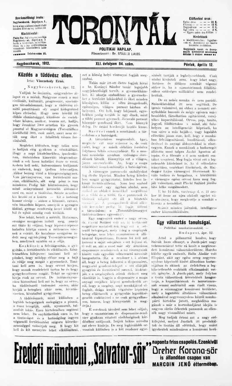 Torontál, 41. évf. 1912. április 12. 84. sz.