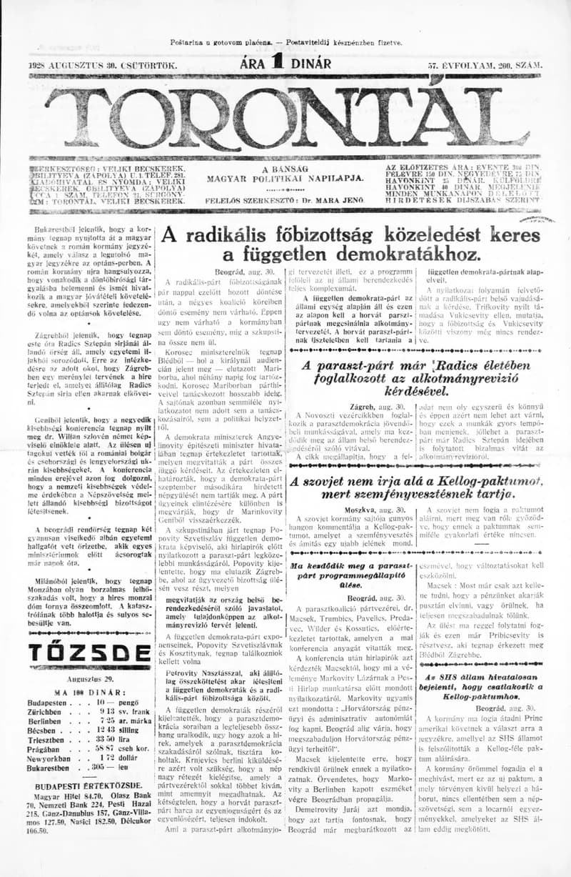 Torontál, 57. évf. 1928. augusztus 30. 200. sz.