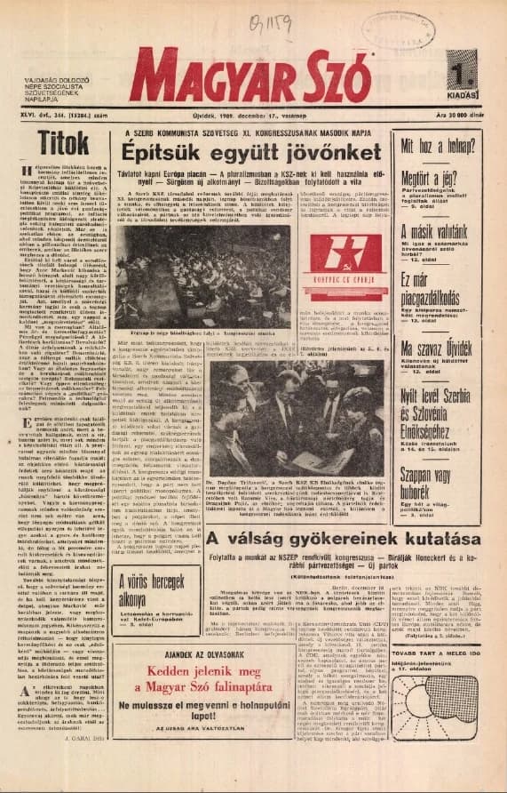 Magyar Szó, 46. évf. 1989. december 17. 345. sz. 1–32. oldal