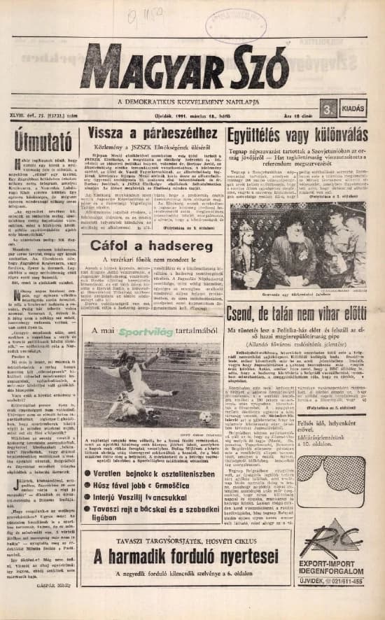 Magyar Szó, 48. évf. 1991. március 18. 75. sz. 1–20. oldal