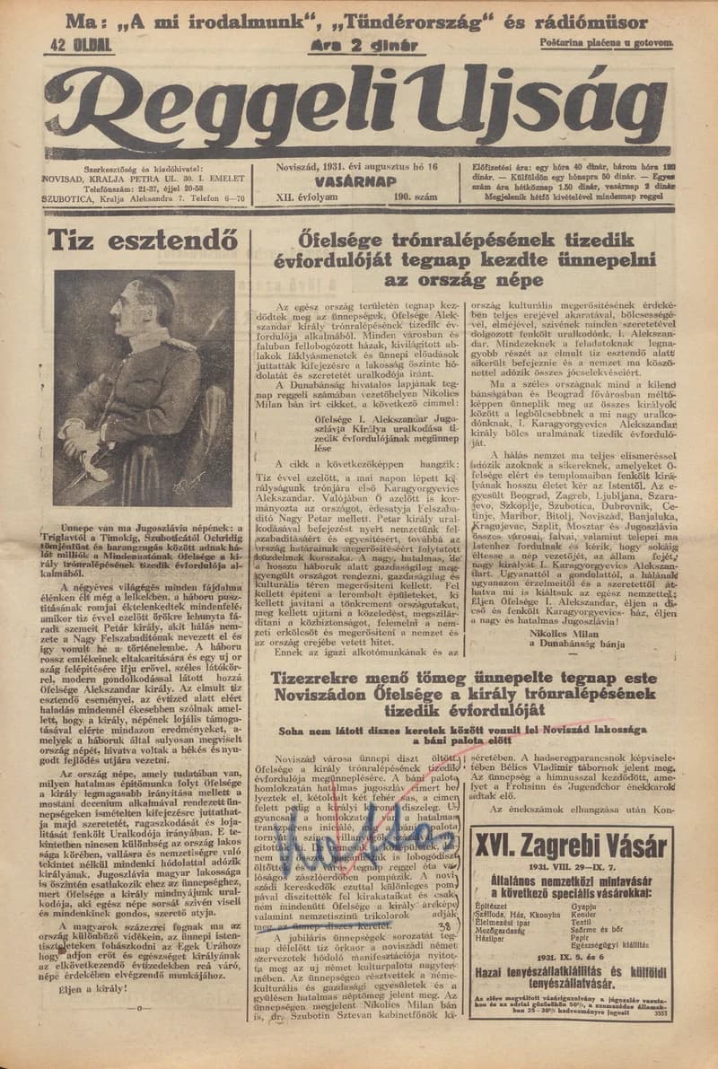 Reggeli Újság, 12. évf. 1931. augusztus 16. 190. sz.