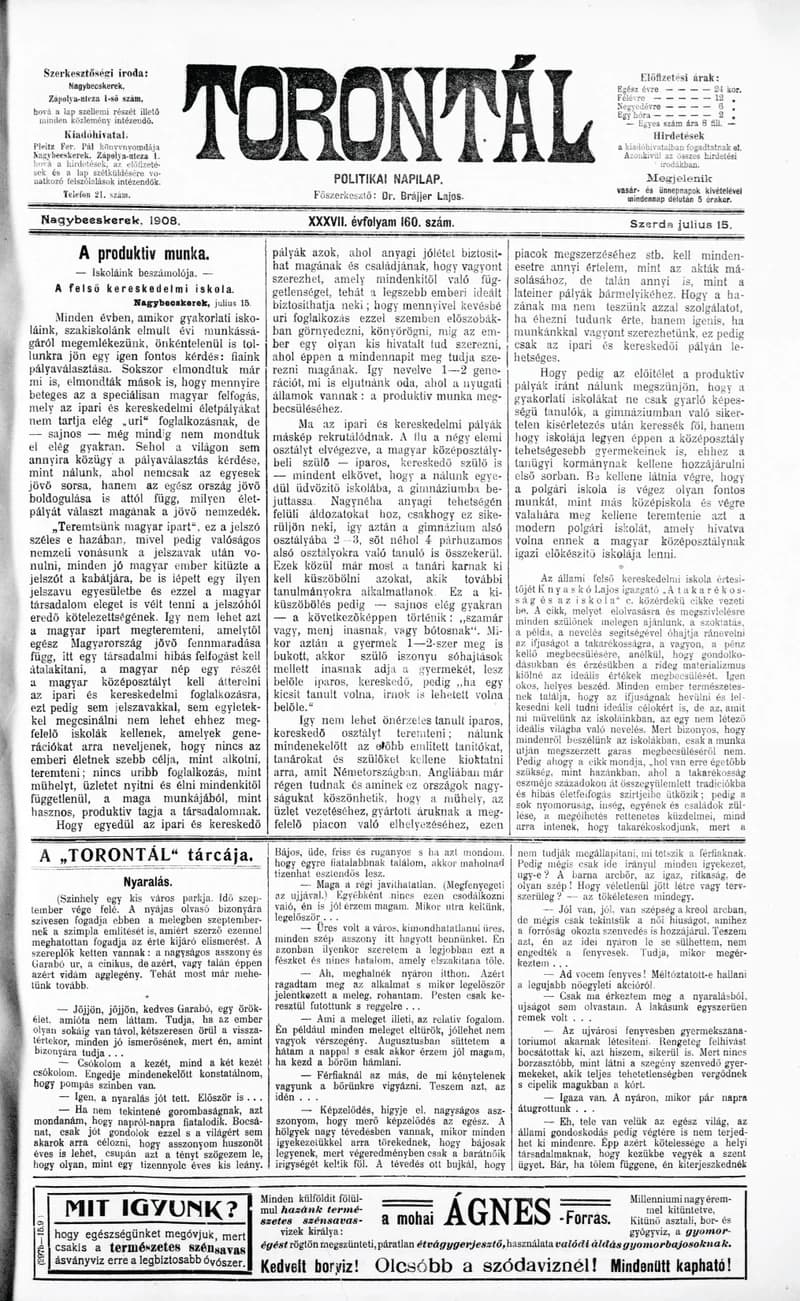 Torontál, 37. évf. 1908. július 15. 160. sz.