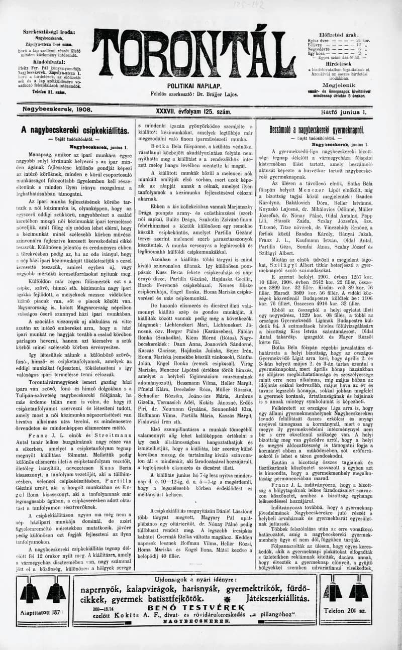 Torontál, 37. évf. 1908. június 1. 125. sz.