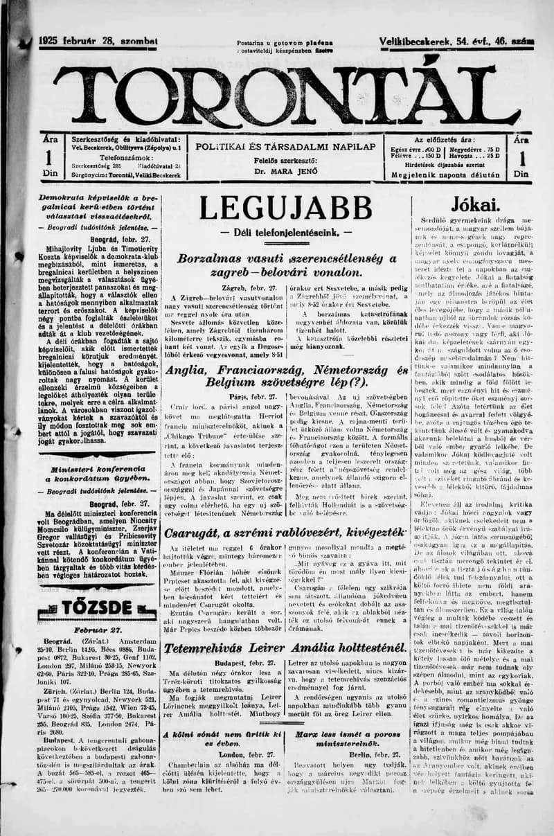 Torontál, 54. évf. 1925. február 28. 46. sz.