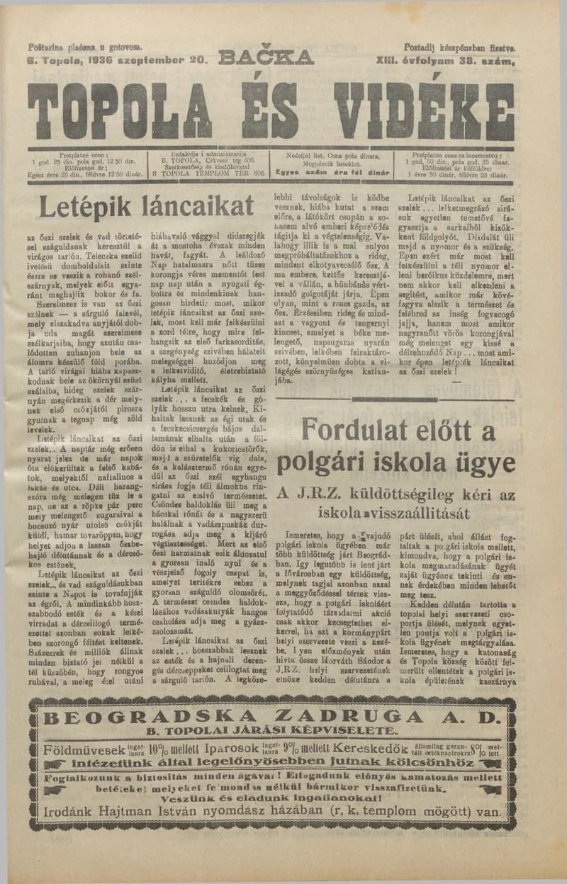 Bačka Topola és Vidéke, 13. évf. 1936. szeptember 20. 38. sz.