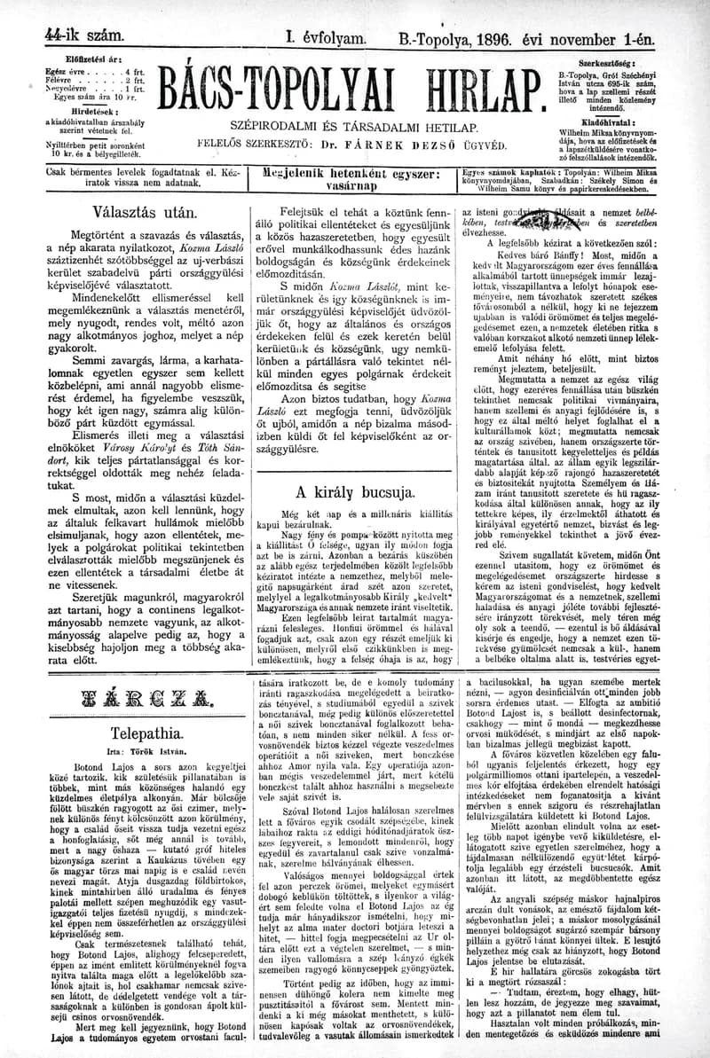 Bács-Topolyai Hirlap, 1. évf. 1896. november 1. 44. sz.
