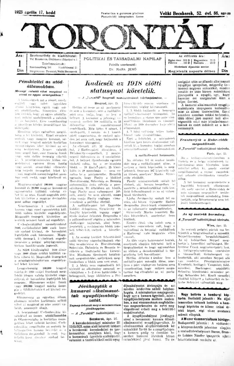 Torontál, 52. évf. 1923. április 17. 86. sz.