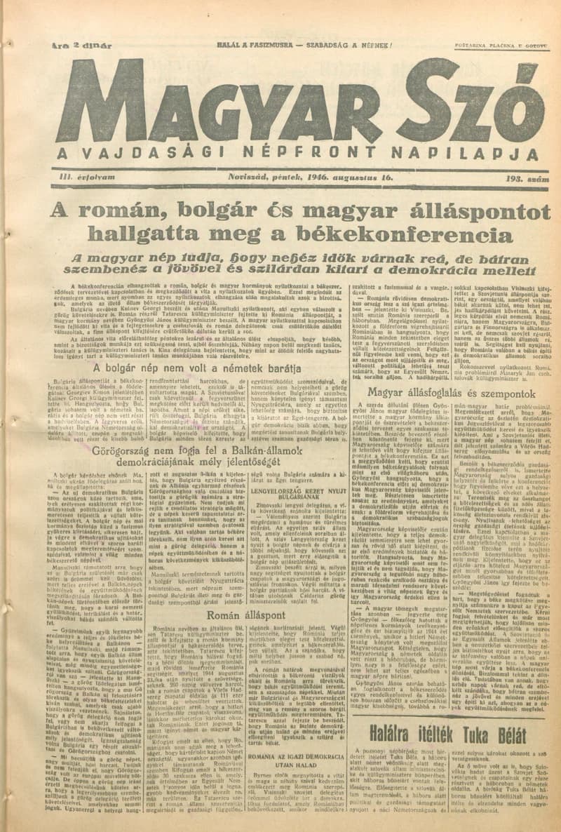 Magyar Szó, 3. évf. 1946. augusztus 16. 193. sz. 1–6. oldal