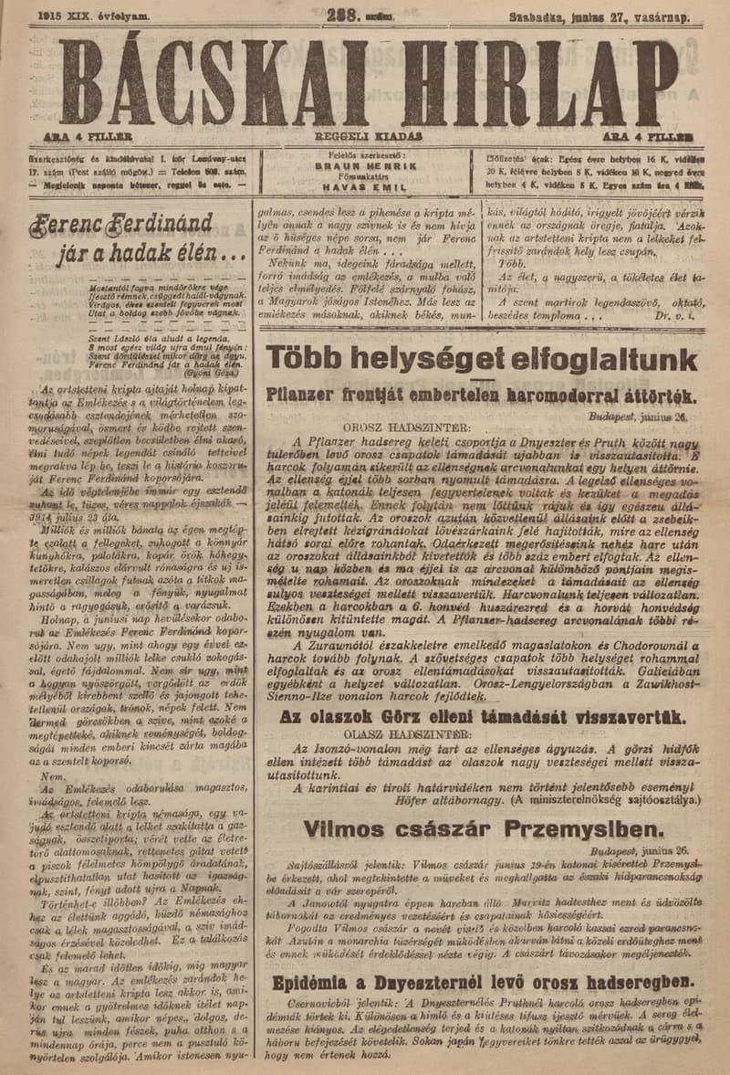 Bácskai Hirlap, 19. évf. 1915. június 27. 288. sz.