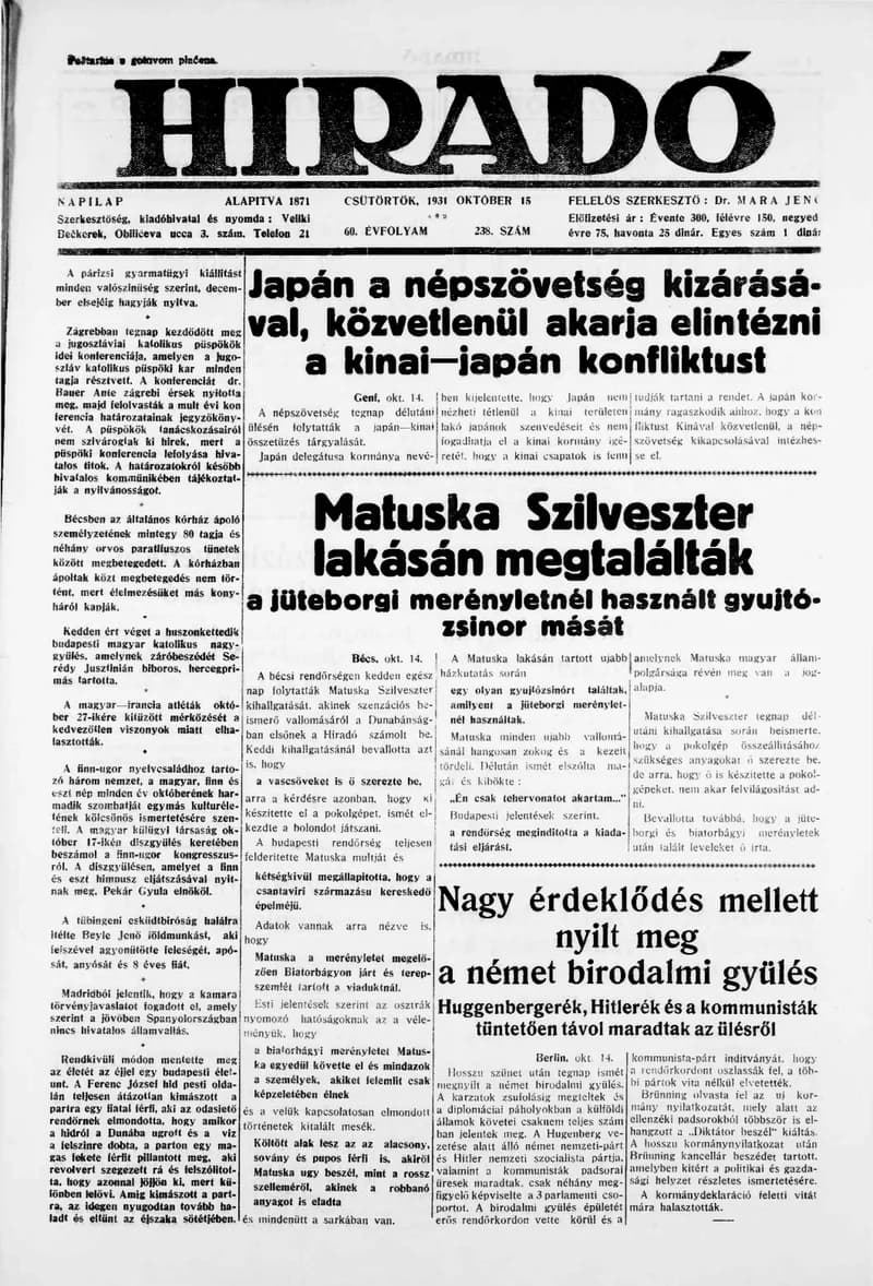 Híradó, 60. évf. 1931. október 15. 238. sz.