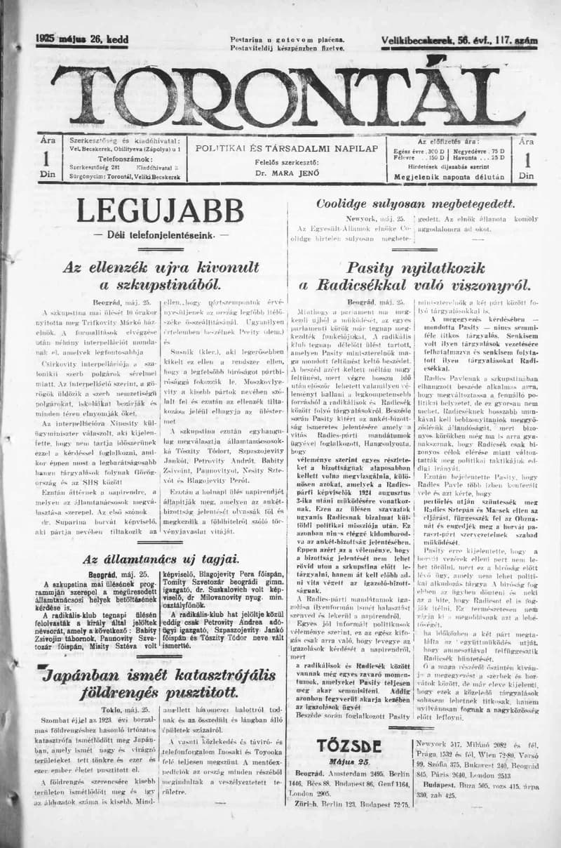 Torontál, 54. évf. 1925. május 26. 117. sz.