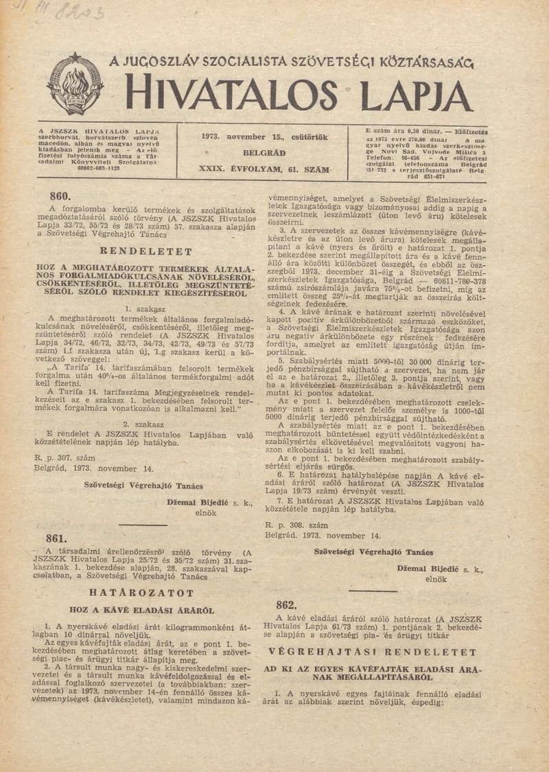 A Jugoszláv Szocialista Szövetségi Köztársaság Hivatalos Lapja, 29. évf. 1973. november 15. 61. sz. 1773–1776. oldal