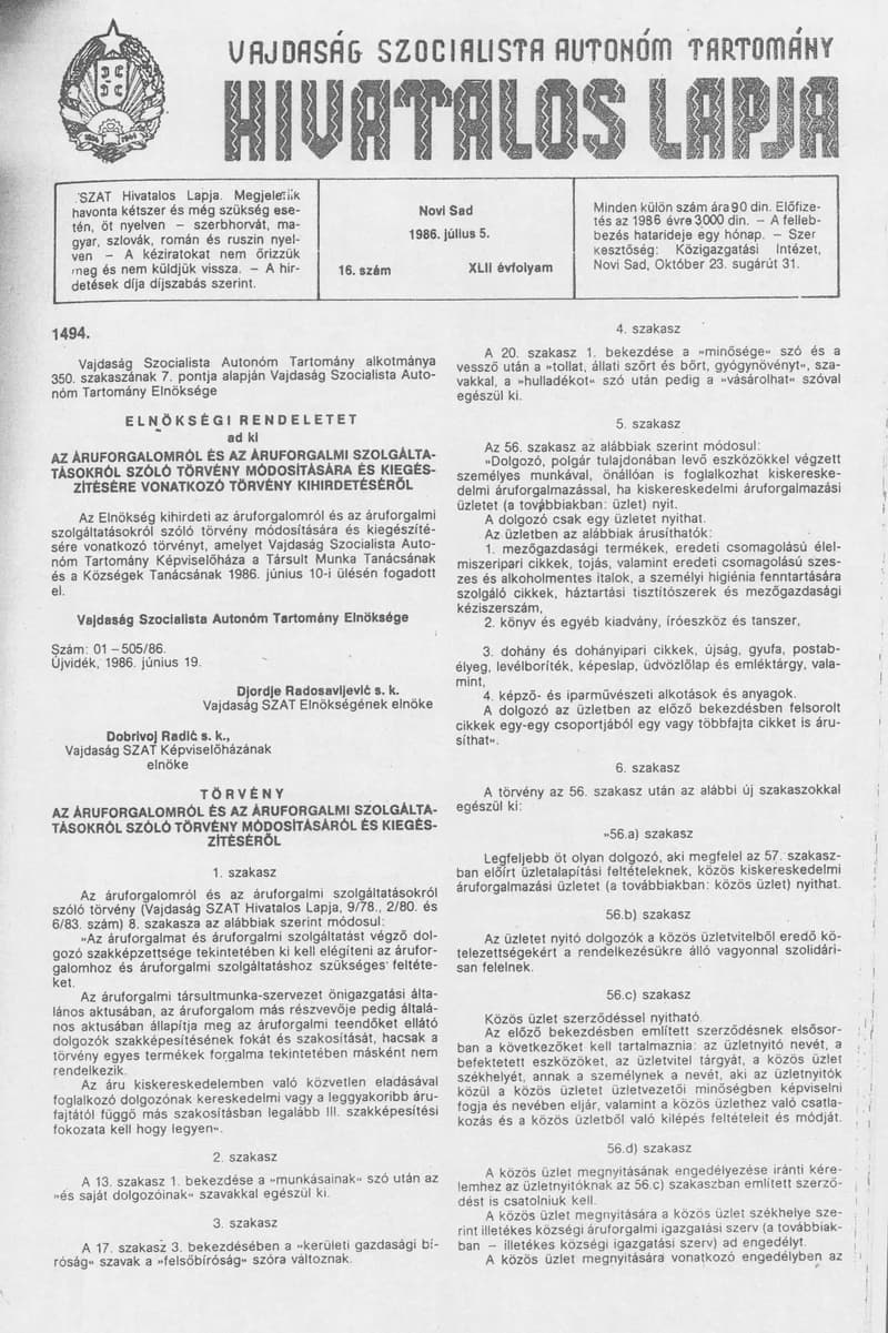 Vajdaság Szocialista Autonóm Tartomány Hivatalos Lapja, 42. évf. 1986. július 5. 16. sz.