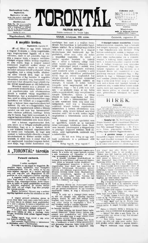 Torontál, 32. évf. 1903. augusztus 27. 193. sz.