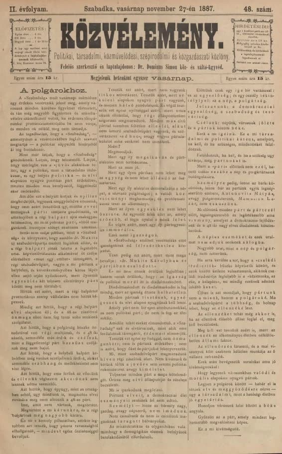 Közvélemény, 2. évf. 1887. november 27. 48. sz.