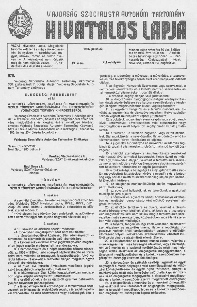 Vajdaság Szocialista Autonóm Tartomány Hivatalos Lapja, 41. évf. 1985. július 30. 19. sz.