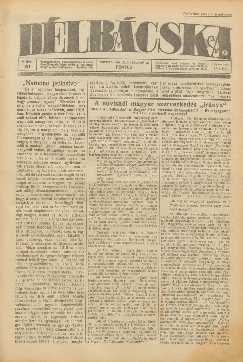 Délbácska, 5. évf. 1924. augusztus 22. 194. sz.