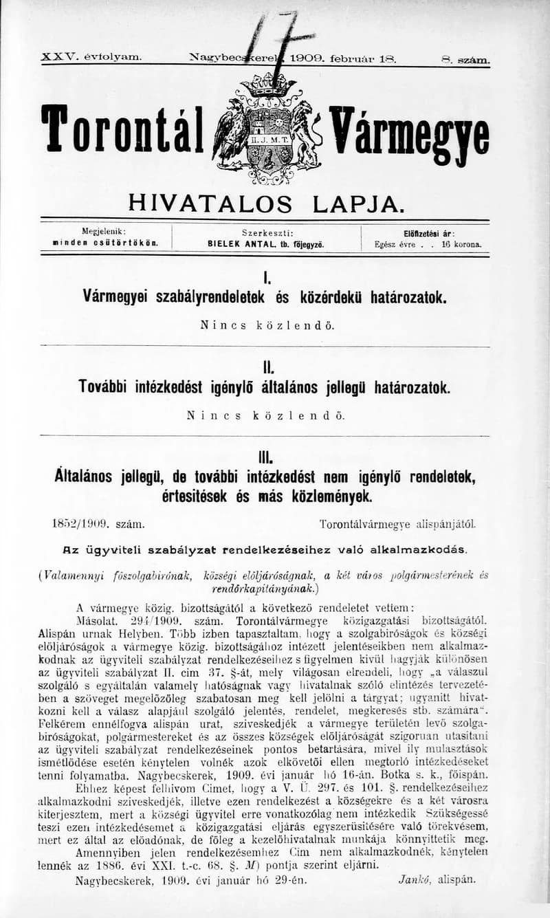 Torontál Vármegye Hivatalos Lapja, 25. évf. 1909. február 18. 8. sz.