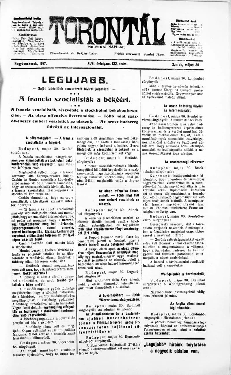 Torontál, 46. évf. 1917. május 30. 122. sz.
