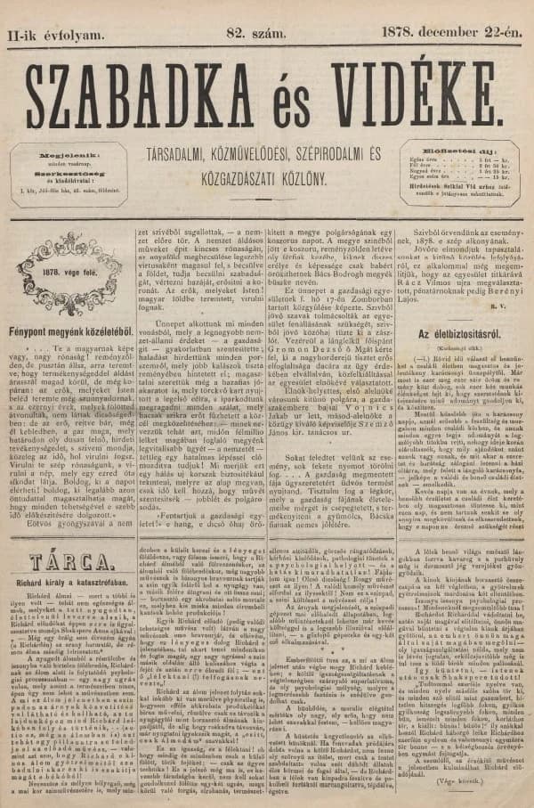 Szabadka és vidéke, 2. évf. 1878. december 22. 82. sz.