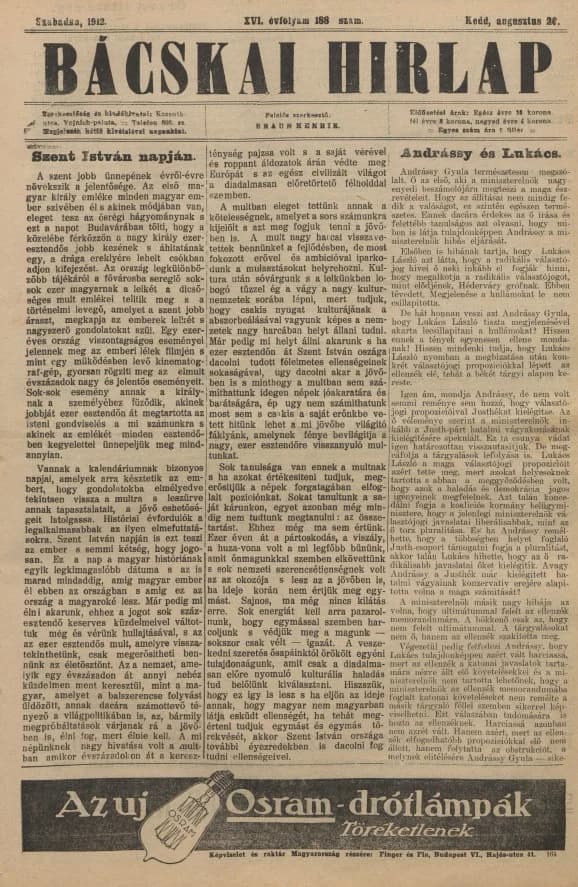 Bácskai Hirlap, 16. évf. 1912. augusztus 26. 188. sz.