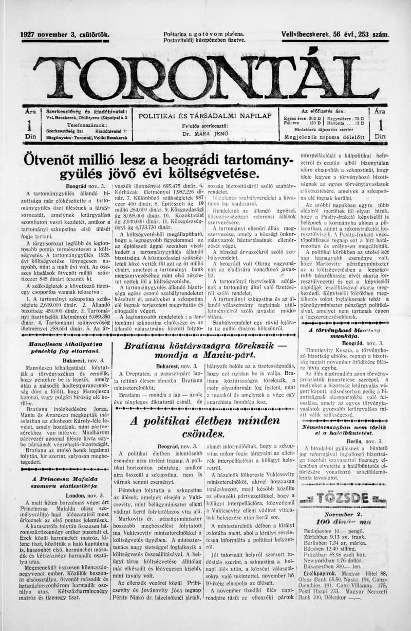 Torontál, 56. évf. 1927. november 3. 253. sz.