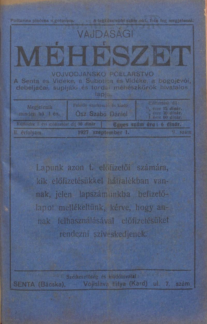 Vajdasági méhészet, 2. évf. 1927. szeptember 1. 9. sz.