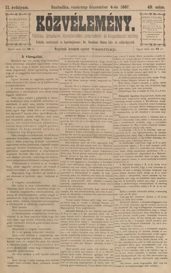 Közvélemény, 2. évf. 1887. december 4. 49. sz.