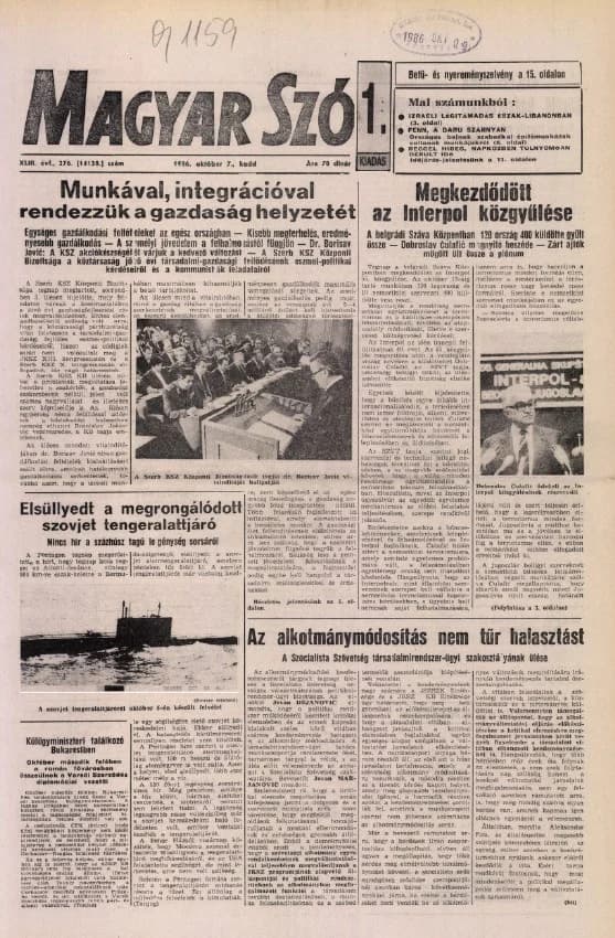 Magyar Szó, 43. évf. 1986. október 7. 276. sz. 1–20. oldal