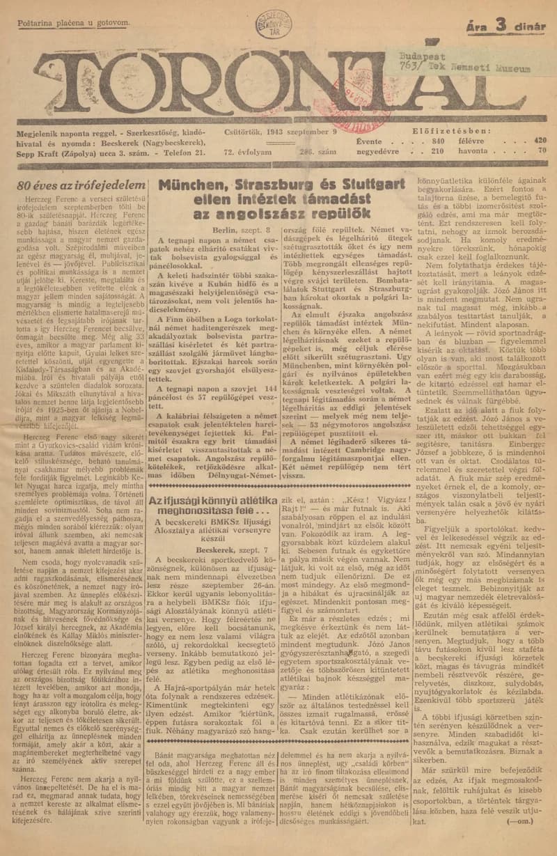 Torontál, 72. évf. 1943. szeptember 9. 206. sz.