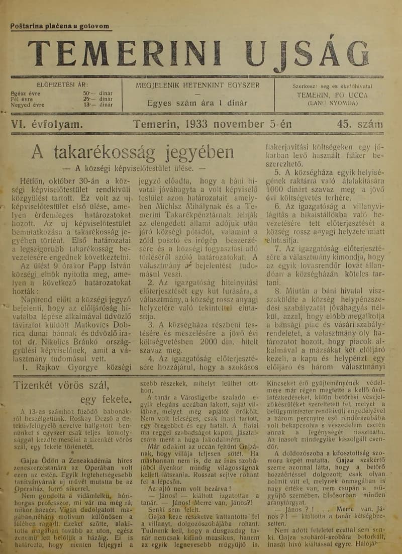 Temerini Újság 1928-1944, 6. évf. 1933. november 5. 45. sz.