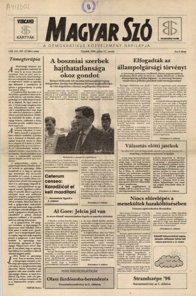 Magyar Szó, 53. évf. 1996. július 17. 167. sz. 1–16. oldal