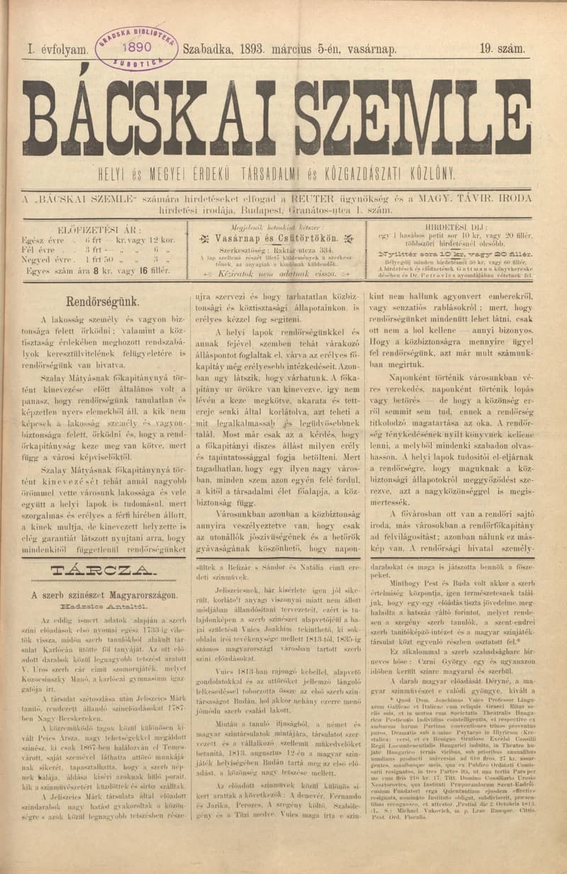 Bácskai Szemle, 1. évf. 1893. március 5. 19. sz.