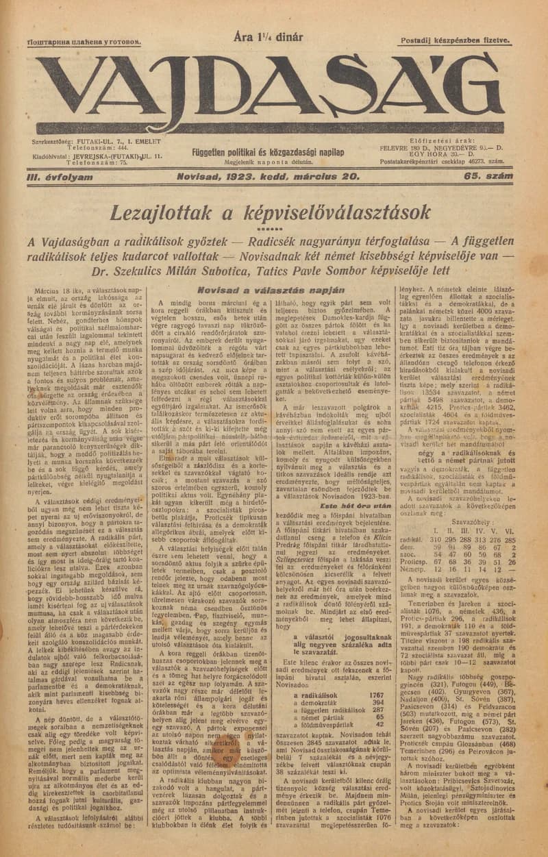 Vajdaság, 3. évf. 1923. március 20. 65. sz.