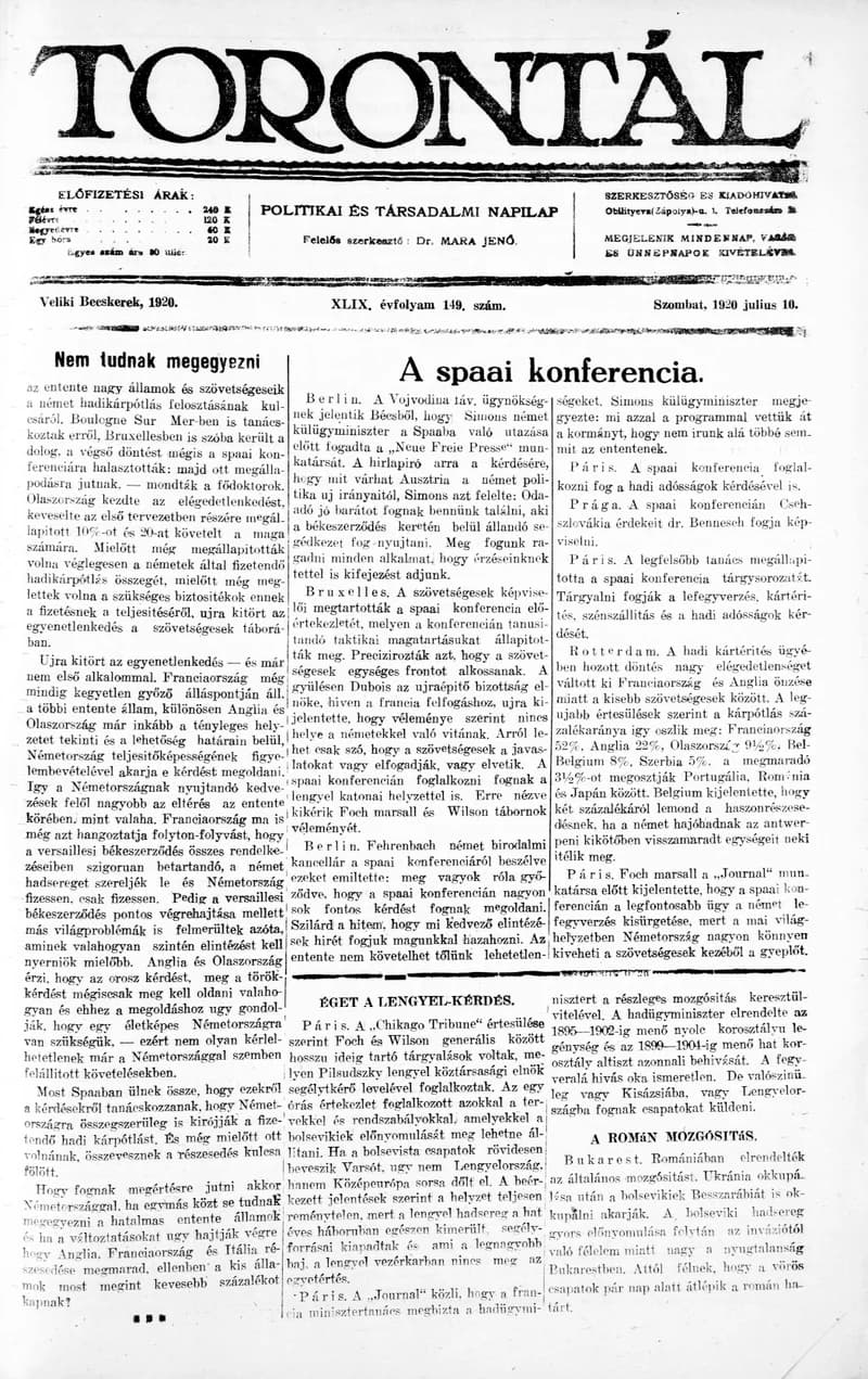 Torontál, 49. évf. 1920. július 10. 149. sz.