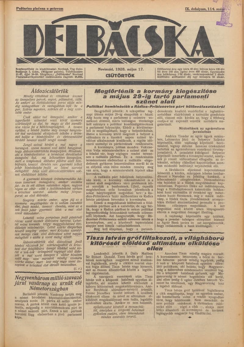 Délbácska, 9. évf. 1928. május 17. 114. sz.