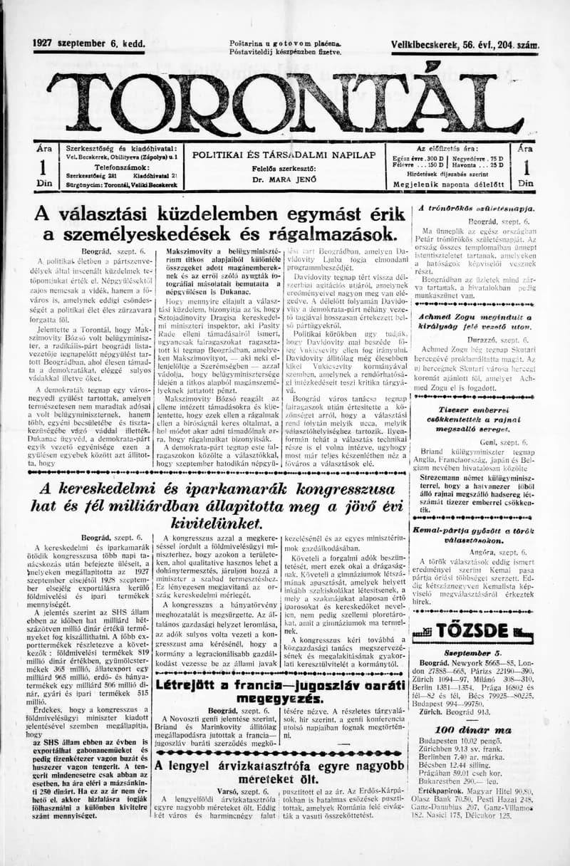 Torontál, 56. évf. 1927. szeptember 6. 204. sz.