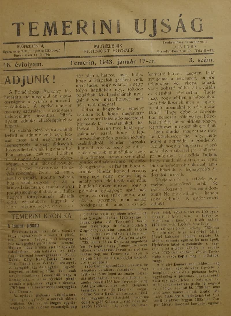 Temerini Újság 1928-1944, 16. évf. 1943. január 17. 3. sz.