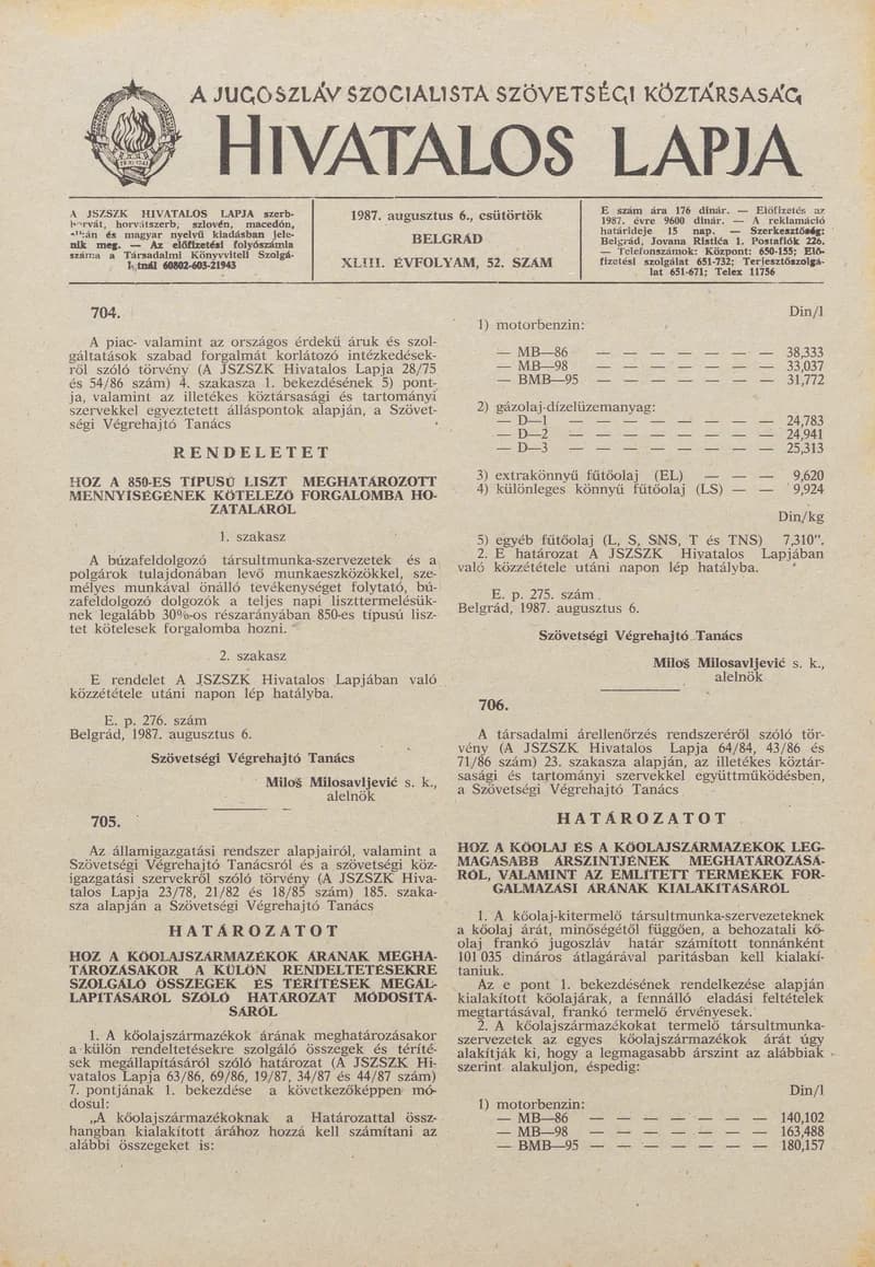 A Jugoszláv Szocialista Szövetségi Köztársaság Hivatalos Lapja, 43. évf. 1987. augusztus 6. 52. sz. 1289–1304. oldal
