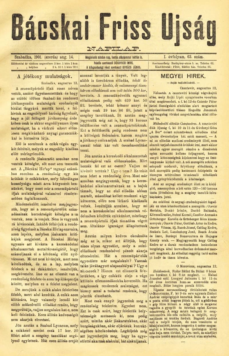 Bácskai Friss Ujság, 1. évf. 1901. augusztus 14. 63. sz.