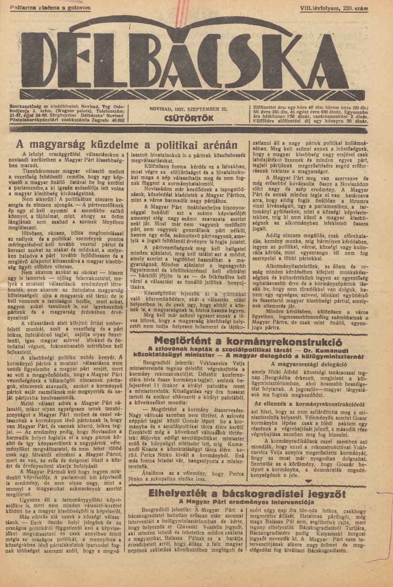 Délbácska, 8. évf. 1927. szeptember 22. 220. sz.