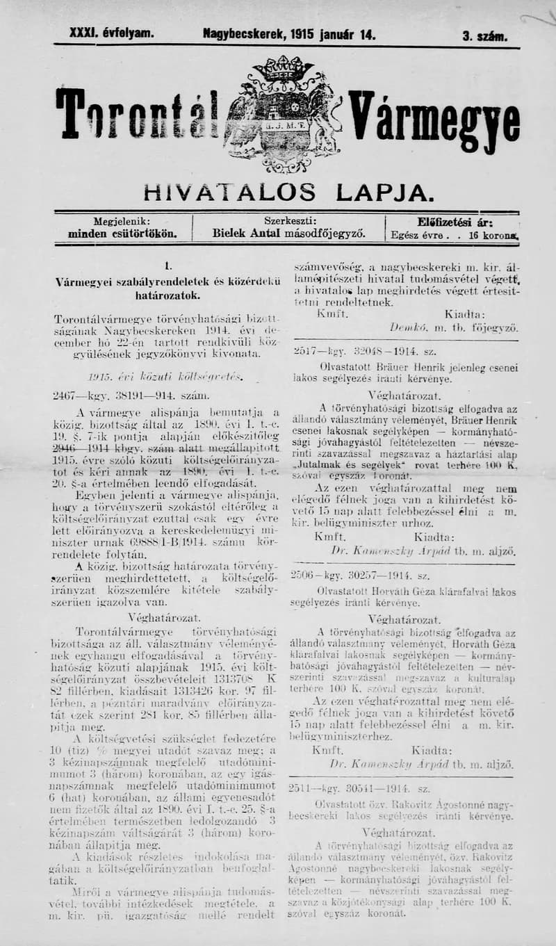 Torontál Vármegye Hivatalos Lapja, 31. évf. 1915. január 14. 3. sz.