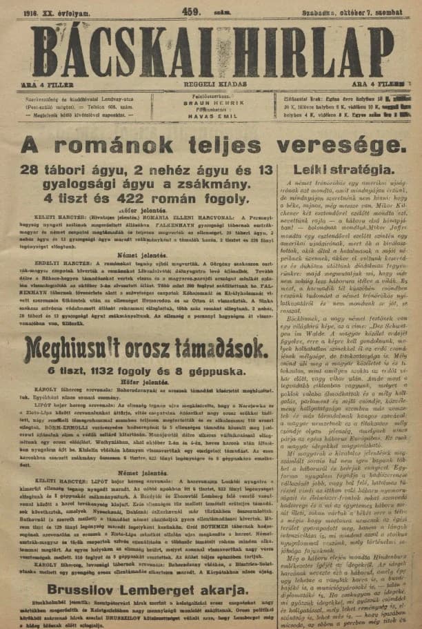 Bácskai Hirlap, 20. évf. 1916. október 7. 459. sz.