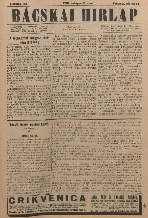 Bácskai Hirlap, 18. évf. 1914. március 22. 67. sz.